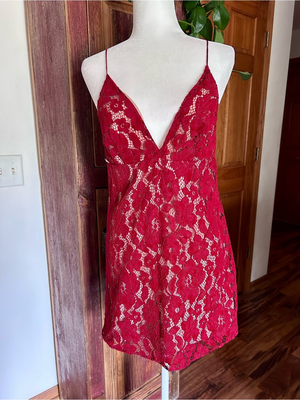 Free People Crimson Lace V‑Neck Mini Dress